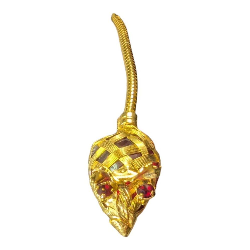 Vintage 1960's Gold Tone Mouse Pin Red Rhinestone Eyes Woven Body w/ Moving Tail